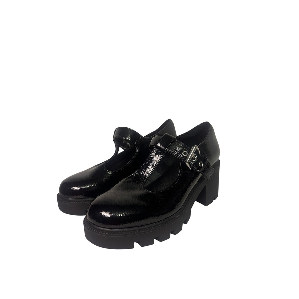 Dolce Vita Nexus Black Patent T-Strap Mary Jane Lug Sole Block Heels Womens 7